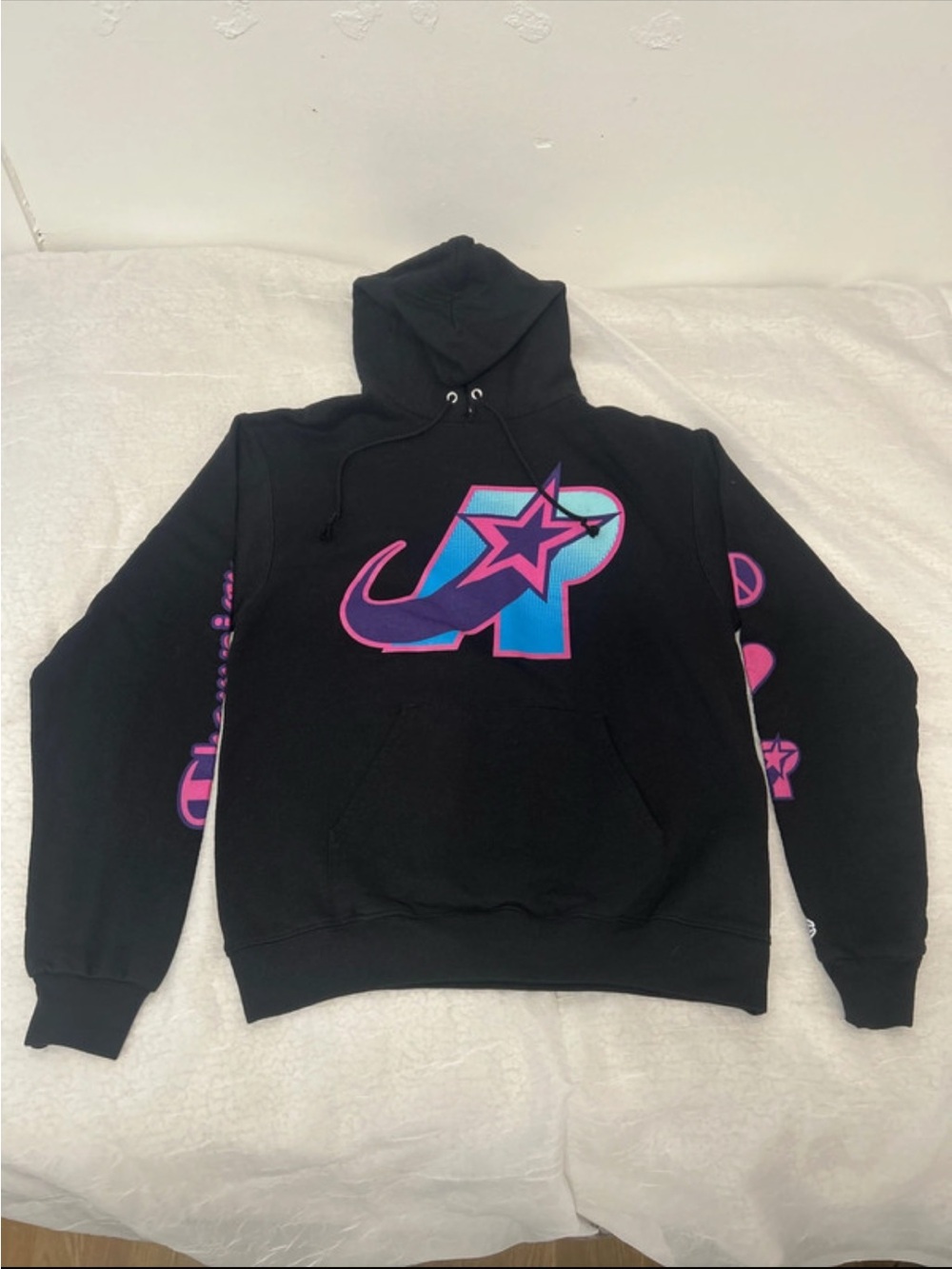 Champion Black Hoodie with Blue and Pink Star Logo